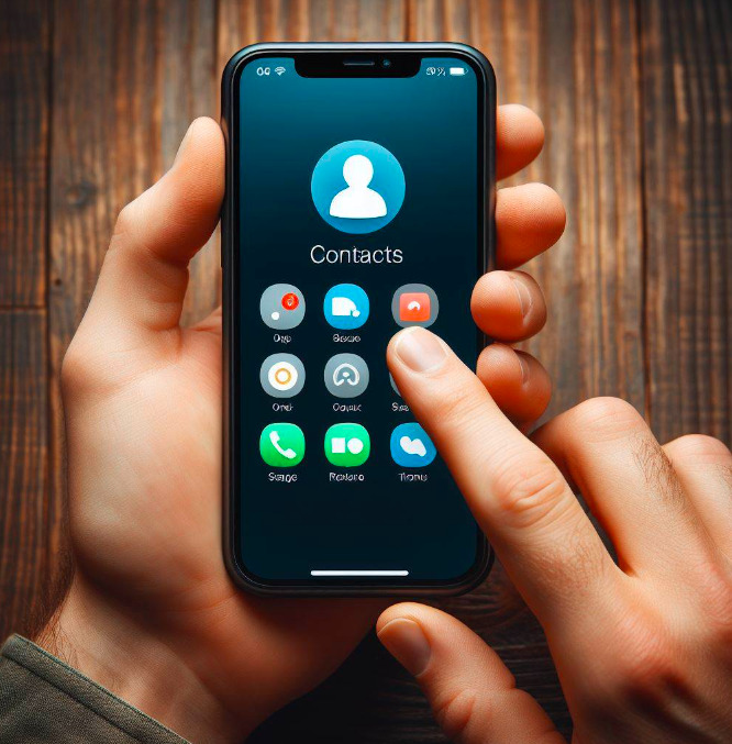 A hand holding an iPhone with the Contacts app icon displayed on the screen.